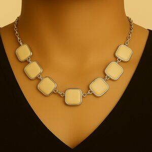Silver-Tone & Beige Geometric Stone Necklace – Women’s Statement Fashion Jewelry